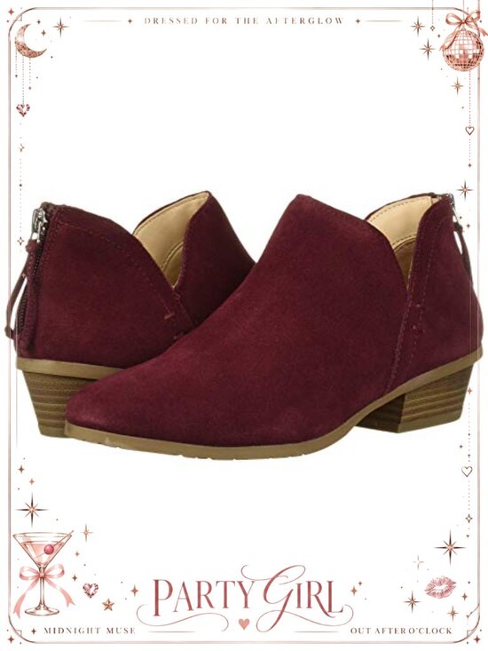 Shoes - Faux Suede Ankle Booties with Block Heel and Back Zip